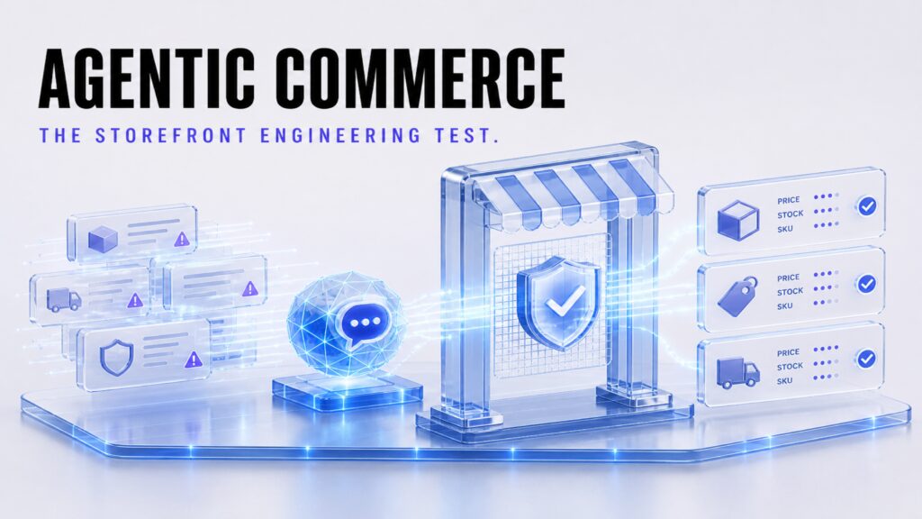 AI shopping agent approaching a storefront gate while verified product data passes through.