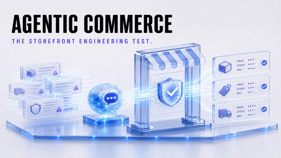 AI shopping agent approaching a storefront gate while verified product data passes through.