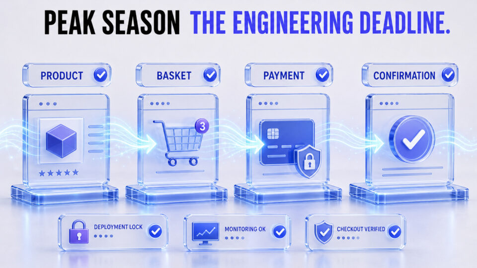 Editorial illustration of an ecommerce checkout pipeline being load-tested ahead of peak season.