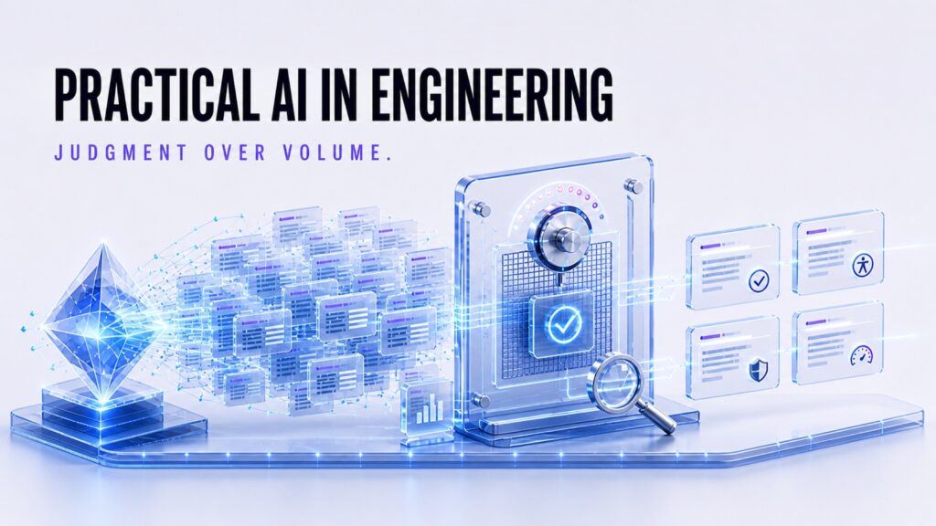 Editorial illustration showing high-volume AI-generated code passing through an engineering review gate and emerging as fewer verified software modules.