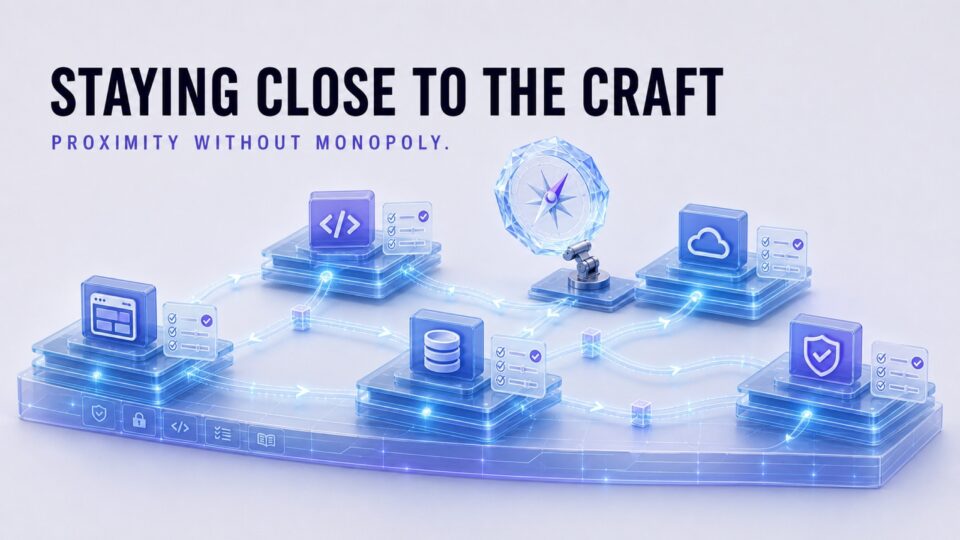 Editorial illustration: Staying close to the craft — crystalline compass above connected craft modules for UI, code, data, cloud and security without monopoly