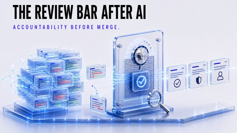 Editorial illustration: AI-generated pull request cards meeting a glass review gate, with only verified changes passing through to accountable outcomes.