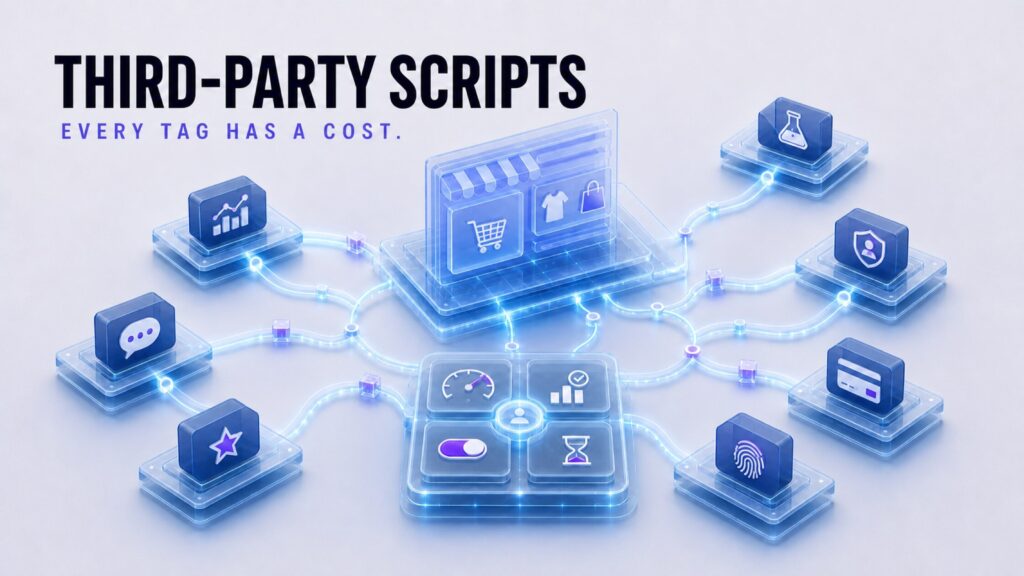 Editorial illustration showing multiple third-party service tiles connected to an ecommerce platform through shared performance and governance controls.