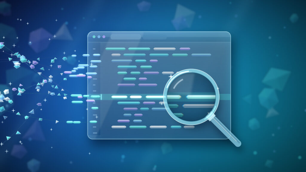 Editorial glass illustration of a translucent code-editor window with crystalline lines of code flowing in from the left and a glass magnifying lens over one highlighted line, suggesting human review of AI output.