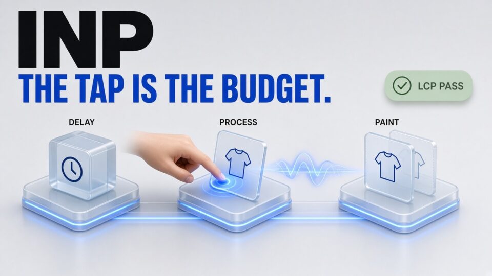 Editorial illustration of a commerce tap delayed across input, processing and paint, while a background LCP pass does not make the control feel ready.