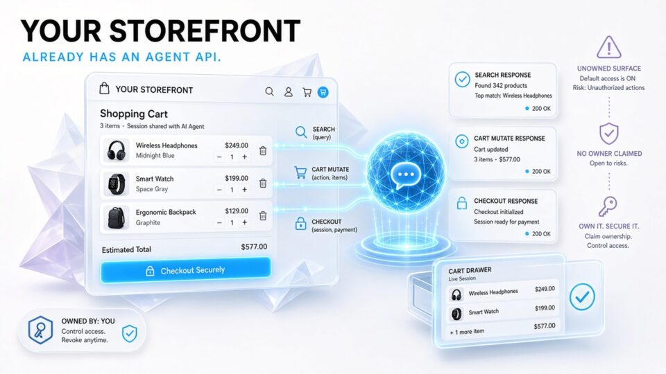 Editorial illustration of a glass ecommerce cart sharing a live session with an AI agent orb, with SEARCH, CART and CHECKOUT tool chips and an ownership control badge.