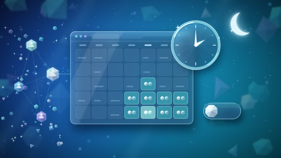 Editorial glass illustration of a night-time on-call scene: a translucent rota grid with softly lit night shifts, a crystalline clock at 2am, a glass switch in the off position and connected glowing nodes representing incident roles.